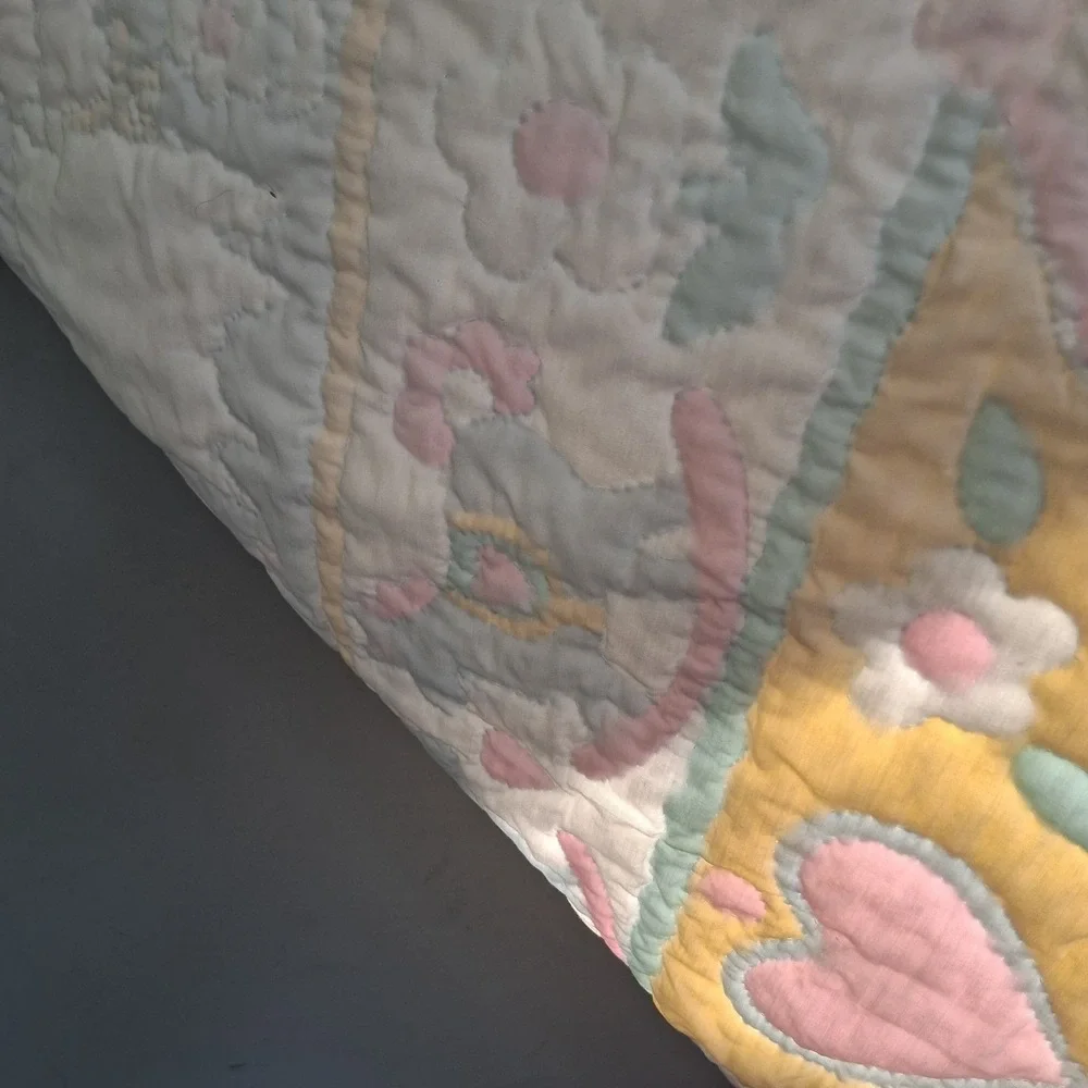Vintage 90s Baby Quilt Blanket Pastel Hearts Bunnies Sheep Rocking Horse VGVC